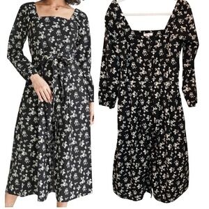 VETTA Capsule Black Floral Square Neck Puff Sleeve Midi Dress Size M No Belt